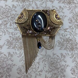 Vintage Marena Gold-Tone and Black Cabochon Crystal Dangle Brooch Pendant